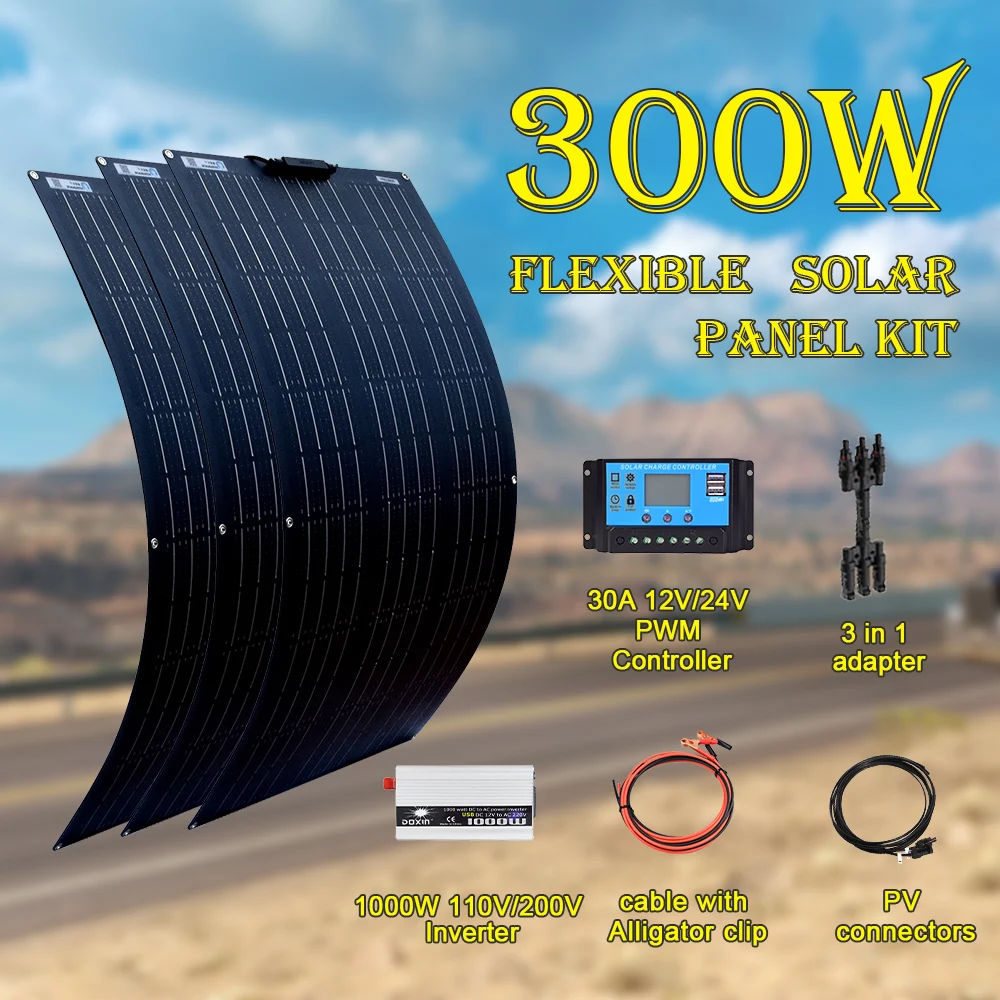 XINPUGUANG 18V 100 W 110v or 220v 300W Flexible Solar Panel kit system for 12V 24V battery car RV home outdoor Power charging 
XINPUGUANG 18V 100 W 110v or 220v 300W Flexible Solar Panel kit system for 12V 24V battery car RV home outdoor Power charging