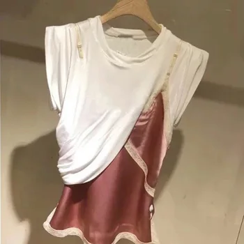 Aw 2020 Spring and Summer New Lace Stitching Pink Mock Two-Piece Sleeveless Tops T-SHIRT FOR WOMAN
Aw 2020 Spring and Summer New Lace Stitching Pink Mock Two-Piece Sleeveless Tops T-SHIRT FOR WOMAN