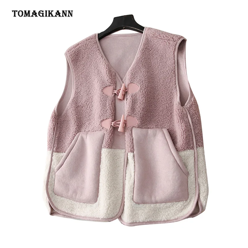 

Contrasting Coloured Women Fluff Vest V Neck Cow Horn Button Suede Fabric Pocket Patchwork Lady Waistcoat 2020 Winter Warm Coats