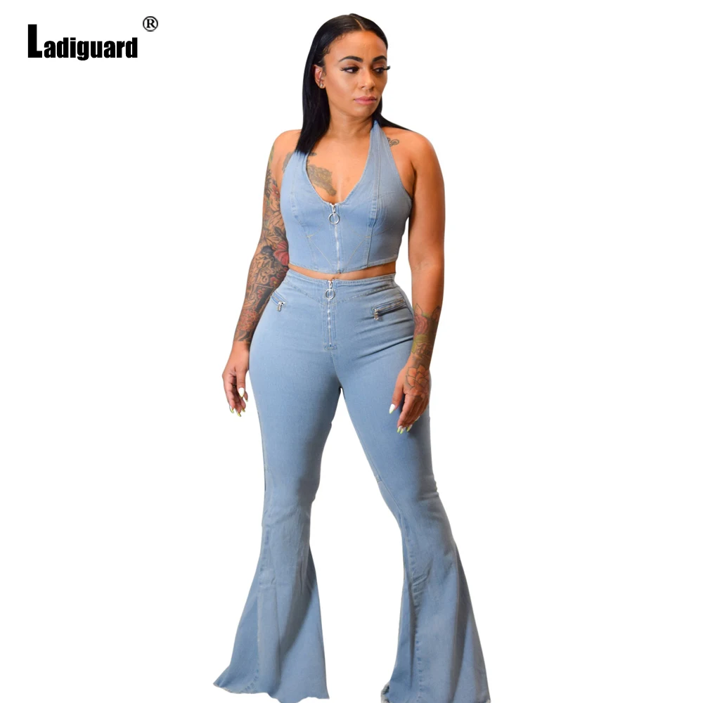 

Ladiguard Women Demin Two Pieces Set Booty Fashion Crop TOP And High Waist Flare Jean Pants Sets Women's Slim Fitted Co-ords