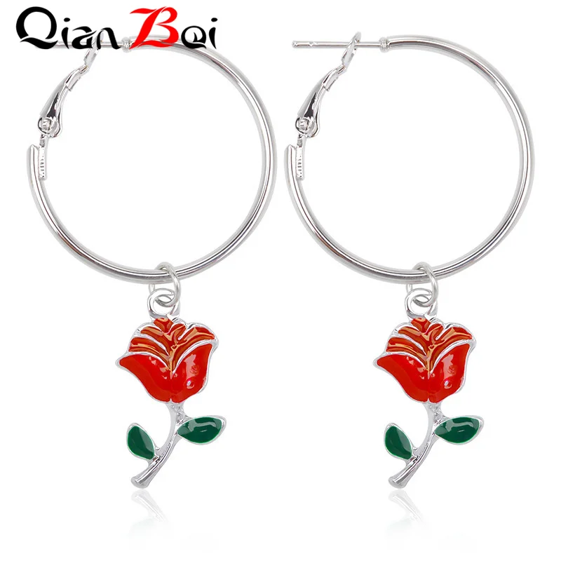 QianBei круг женский кулон элегантные серьги-кольца цветок розы для женщин сплав