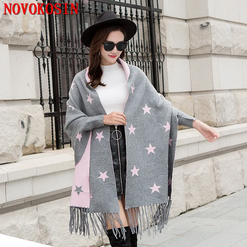 SC380 2019 Both Sides Designer Stars Female Long Sleeves Wrap Printed Pentagram Scarf Winter Knitted Poncho Women Tassel Cloak
SC380 2019 Both Sides Designer Stars Female Long Sleeves Wrap Printed Pentagram Scarf Winter Knitted Poncho Women Tassel Cloak