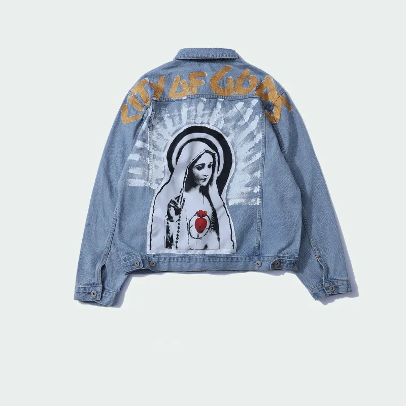 Vintage Virgin Mary Painting Print Jeans Jackets Hip Hop Streetwear Loose Washed Denim Jacket Coat Men
Vintage Virgin Mary Painting Print Jeans Jackets Hip Hop Streetwear Loose Washed Denim Jacket Coat Men