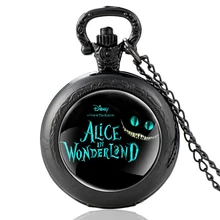 

Black Classic Alice In Wonderland Glass Cabochon Quartz Pocket Watch Vintage Men Women Pendant Necklace Watches Gifts