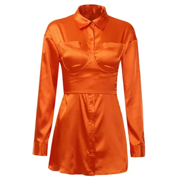 2019 arrival Women Long Sleeve Button Lack up Turn-down Collar Solid Casual Pocket Satin Tunic Mini Dress
2019 arrival Women Long Sleeve Button Lack up Turn-down Collar Solid Casual Pocket Satin Tunic Mini Dress