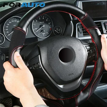 

FORAUTO Car Steering Wheel Cover PU+Suede Leather Braid with Needles Thread Anti-slip 38cm DIY Wear-resistant Steering Covers