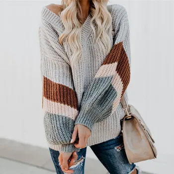 2019 Winter loose Oversize Sweater women Color block Striped Knitting Sweater Lantern Sleeve V Neck Jumpers
2019 Winter loose Oversize Sweater women Color block Striped Knitting Sweater Lantern Sleeve V Neck Jumpers