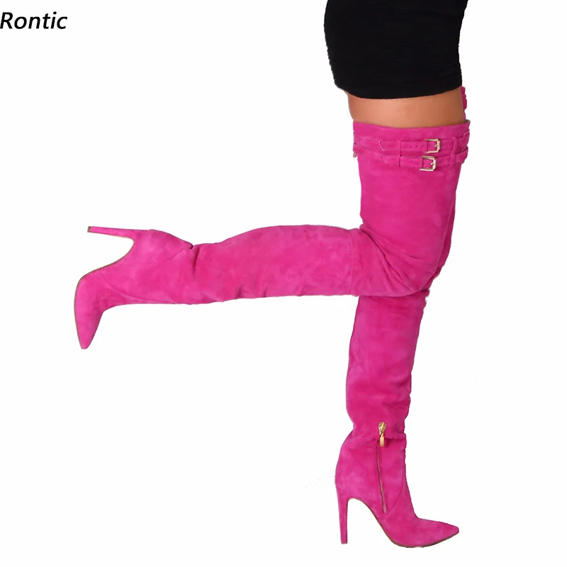 

Rontic Women Winter Thigh Boots Faux Suede Buckle Strap Sexy Stiletto Heels Pointed Toe Boutique Pink Party Shoes US Size 5-15