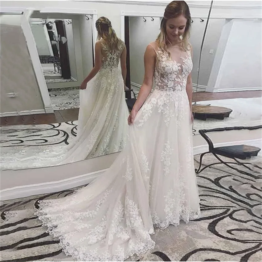 New Scoop Tulle Wedding Dresses Applique Floor Length Sleeveless A Line Illusion Back Sweep Train Bridal Dress Vestido De Noiva
New Scoop Tulle Wedding Dresses Applique Floor Length Sleeveless A Line Illusion Back Sweep Train Bridal Dress Vestido De Noiva