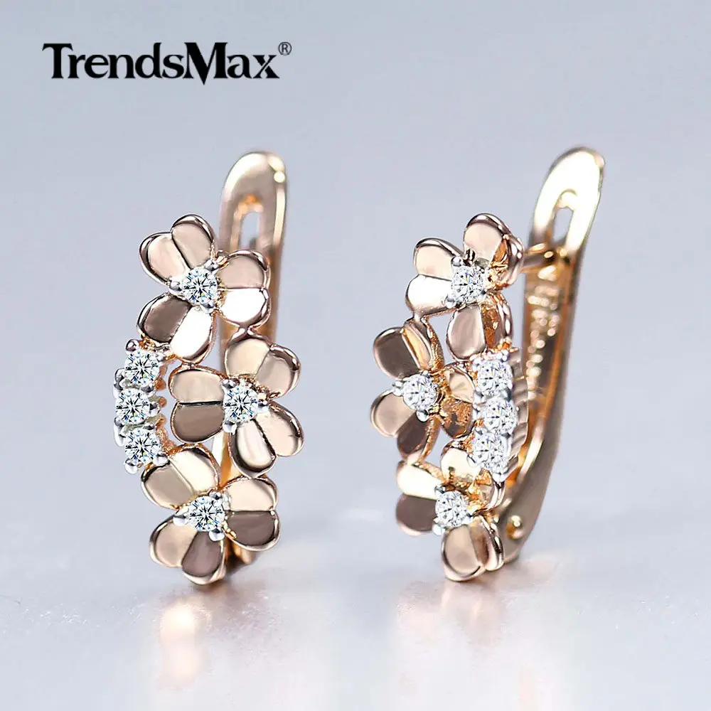 585 Rose Gold Clovers Stud Earrings For Women Girl Cubic Zircon Flower Hanging Dangle Trend Wedding Jewelry Gift GE300 | Украшения и