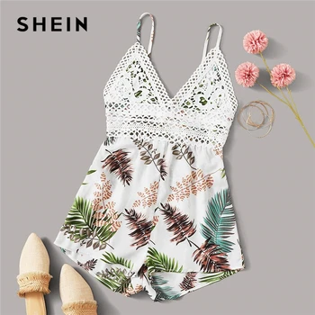 

SHEIN Multicolor Tie Back Guipure Lace Detail Tropical Slip Romper Women 2020 Summer V-neck Rompers Boho Cut Out Playsuits