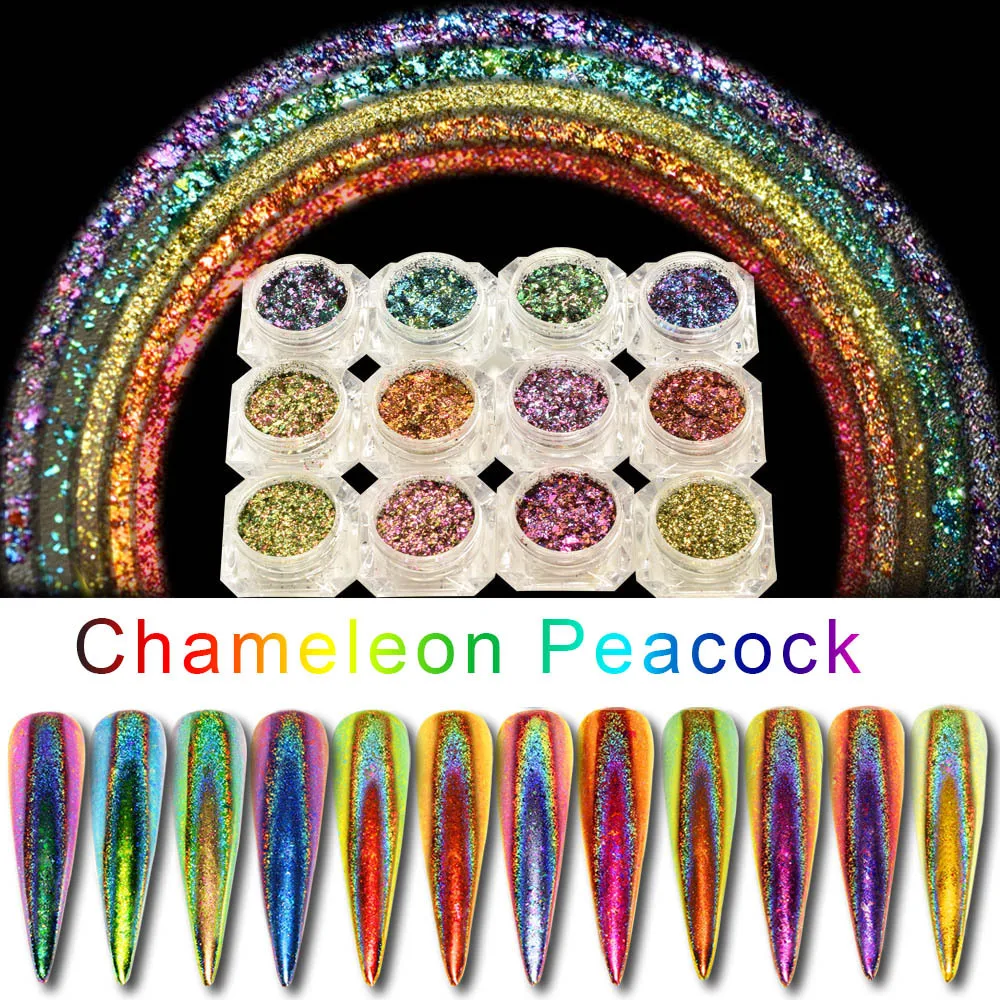Фото 12 цветов голографическая Лазерная пудра для ногтей Радужный дизайн Блеск Павлин