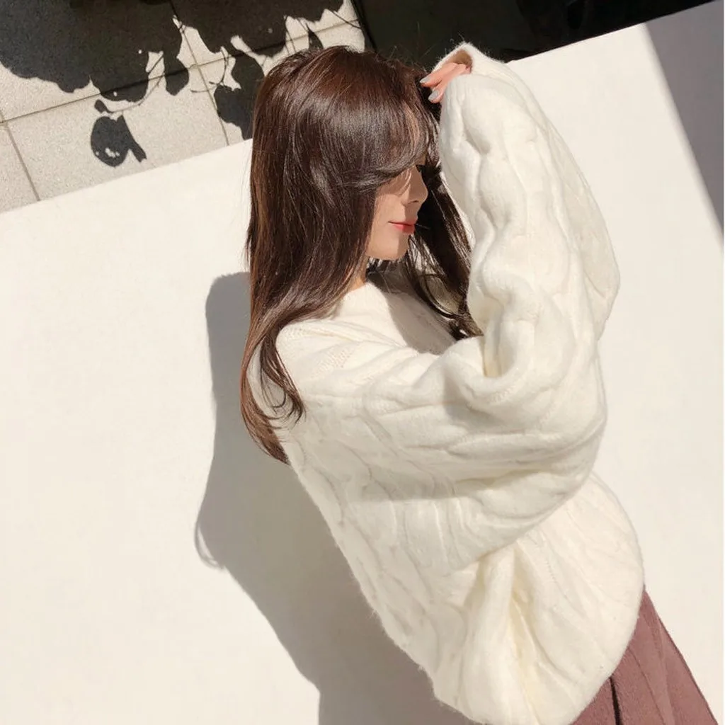Jaycosin Fashion Women Casual Simple Long Sleeve Knitting Sweater Stylish Solid Color Comfortable Warm Lazy Wind Sweater