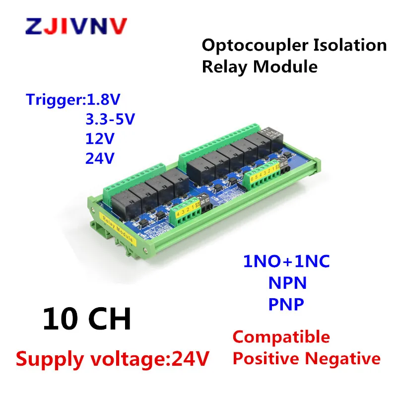 

24V 10 Channels Optocoupler Isolation Relay Interface Module Trigger Voltage 1.8V 3.3-5V 12V 24V PLC Signal Amplification Board