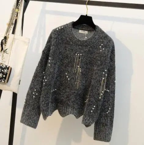 Женский вязаный пуловер Rebicoo, свободный Однотонный свитер с длинным рукавом и круглым вырезом, вязаный пуловер с блестками 
Женский вязаный пуловер Rebicoo, свободный Однотонный свитер с длинным рукавом и круглым вырезом, вязаный пуловер с блестками
