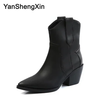 

YANSHENGXIN Shoes Woman Boots Large Size Mid-Calf Boots Fashion Black White Autumn Winter Point Toe Women Shoes Ladies Booties