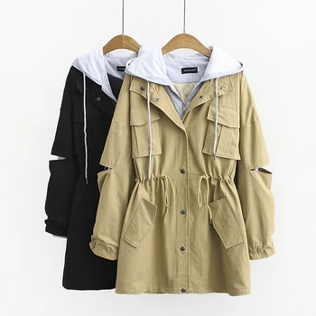 Plus Size Trench Coat Women Hooded 2020 New Spring Autumn Clothes Loose Drawstring Fake Two Casual Windbreaker Women Coat Q1335 
Plus Size Trench Coat Women Hooded 2020 New Spring Autumn Clothes Loose Drawstring Fake Two Casual Windbreaker Women Coat Q1335