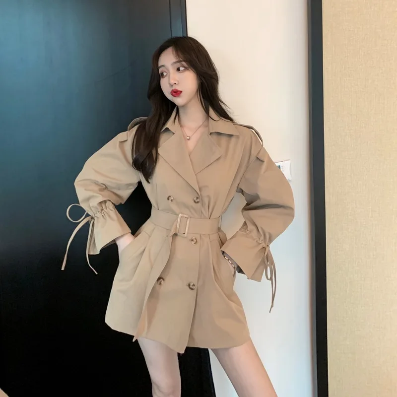 

Notched Collar Double-breasted Slim Long Trench Coat Drawstring Cuff Long Sleeve Khaki Trench Windbreaker Belted Casual Coat