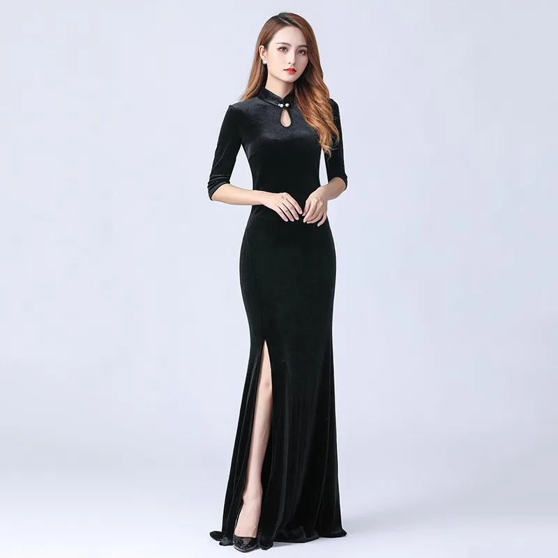 

Elegant Autumn Dress Sexy Female Velour Cheongsams Chinese Half Sleeve Mandarin Collar Qipao Side Split Oversize Solid Vestidos