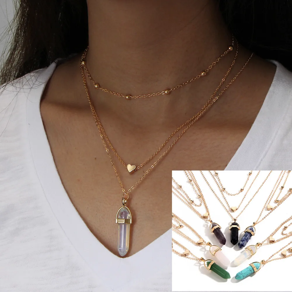 European and American fashion jewelry hexagonal Gem Natural Stone Heart love Copper Bead Chain Multi-layer Necklace
European and American fashion jewelry hexagonal Gem Natural Stone Heart love Copper Bead Chain Multi-layer Necklace