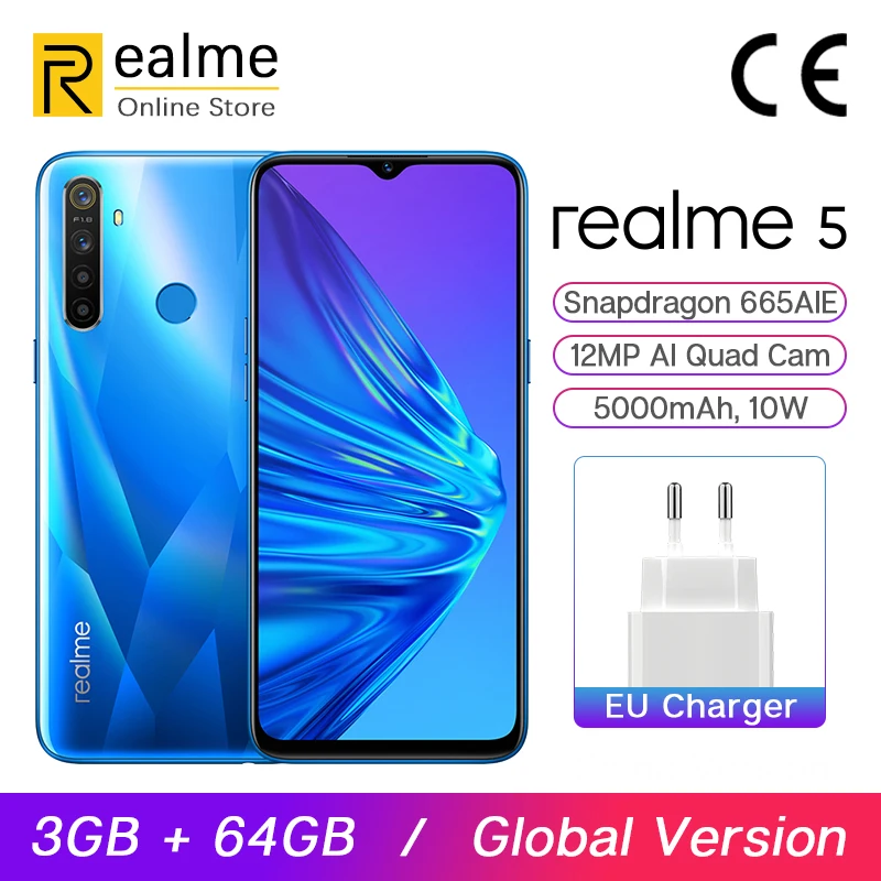 Global Version realme 5 3GB 64GB 6.5'' Moblie Phone Snapdragon 665 12MP Quad Cam Cellphone 5000mAh VOOC 10W Fast Charger 
Global Version realme 5 3GB 64GB 6.5'' Moblie Phone Snapdragon 665 12MP Quad Cam Cellphone 5000mAh VOOC 10W Fast Charger