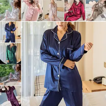 2Pcs Women Ladies Autumn Solid Color Imitation Silk Long Sleeve Shirt Pants Nightwear Pajama Set
2Pcs Women Ladies Autumn Solid Color Imitation Silk Long Sleeve Shirt Pants Nightwear Pajama Set