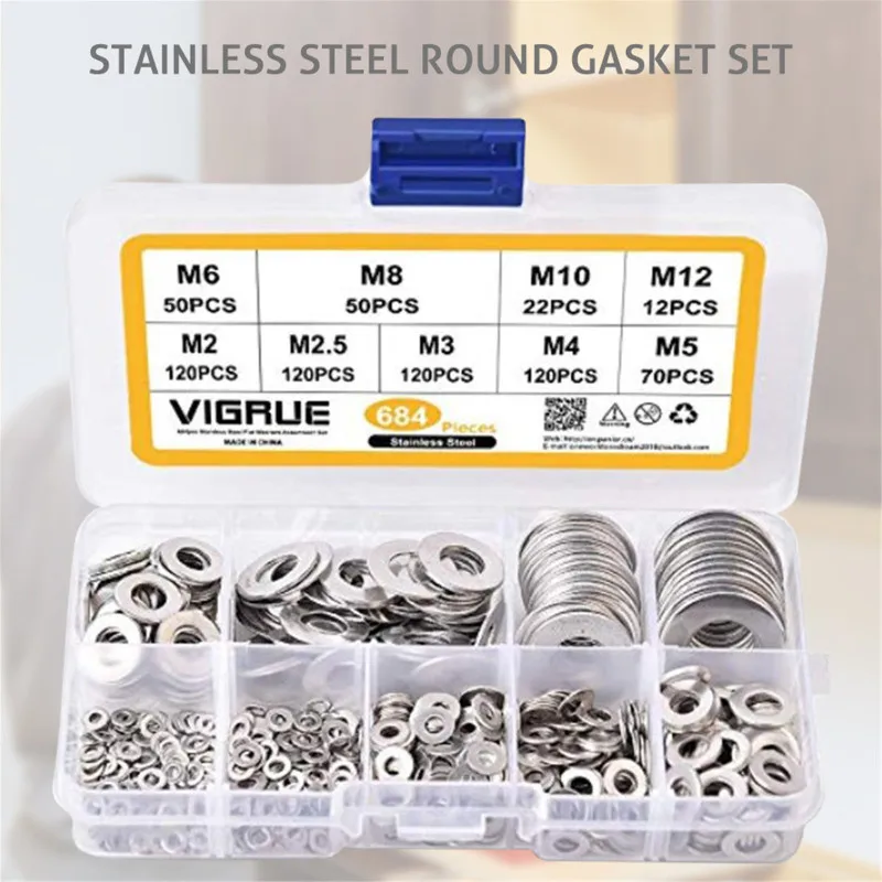 684Pcs/set Flat Washer DIN125 M2 M2.5 M3 M4 M5 M6 M8 M10 M12 Stainless Steel Portable Mini Plain Washer Gaskets Assortment Kit
684Pcs/set Flat Washer DIN125 M2 M2.5 M3 M4 M5 M6 M8 M10 M12 Stainless Steel Portable Mini Plain Washer Gaskets Assortment Kit