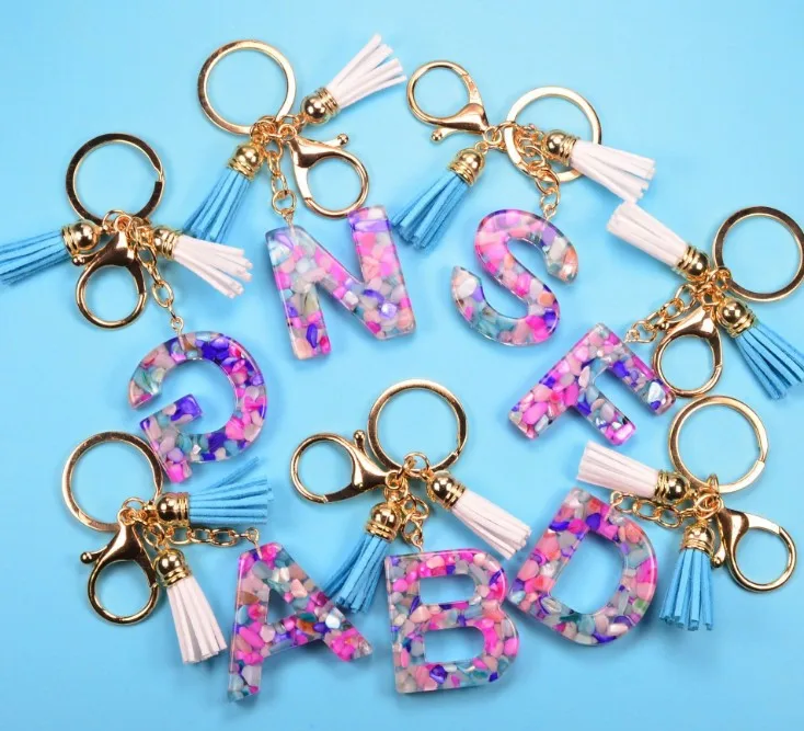 

Cute Creative Letter Alphabet Crystal Arylic Liquid Keychain Women Key Chains Ring Car Bag Tassels Pendent Charm Gift Accessory