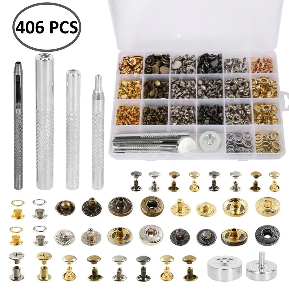 406pcs Leather rivets eyelets buttonholes durable buttons Chicago screws Press Studs Snap Button Snaps Clothing Tool Kit
406pcs Leather rivets eyelets buttonholes durable buttons Chicago screws Press Studs Snap Button Snaps Clothing Tool Kit