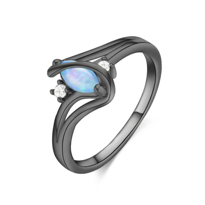 Женское асимметричное кольцо с голубым опалом классическое серебряное цирконом