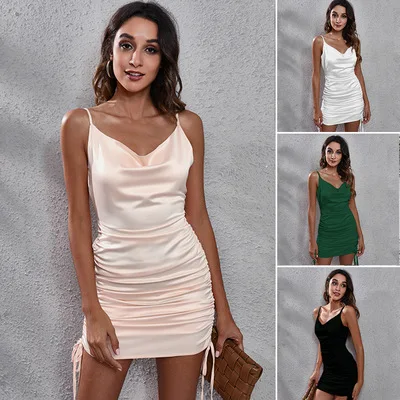 Hot Shirring Satin Solid Color Backless V-Neck Empire Waist Women's Knitted Dress Autumn Winter Camisole Dress
Hot Shirring Satin Solid Color Backless V-Neck Empire Waist Women's Knitted Dress Autumn Winter Camisole Dress