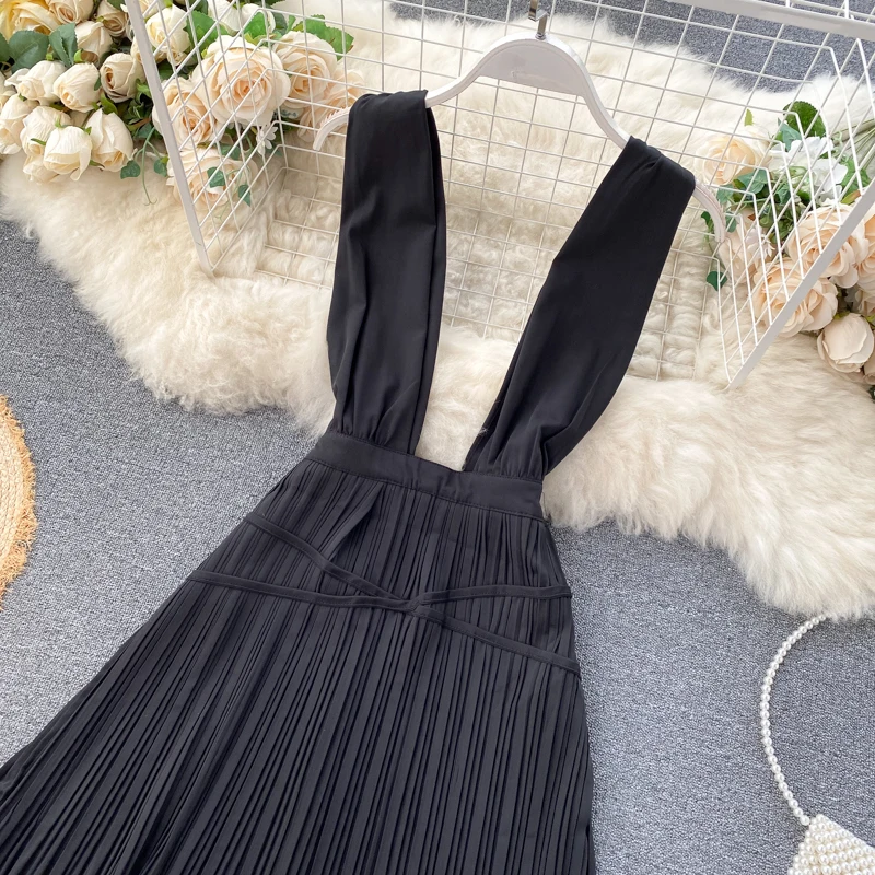 SINGRAIN Women Pleated Strap Dress Summer Sleeveless Ruched A Line Dress New Elegant Solid Midi Long Dress Hong Kong Style