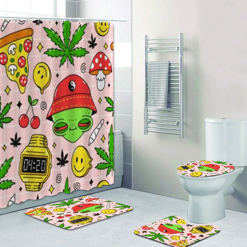 

Psychedelic Trippy Alien Pizza 420 Weed Marijuana Leafs Bathroom Curtains Shower Curtain for Bathtub Kawaii Cartoon Art Mats