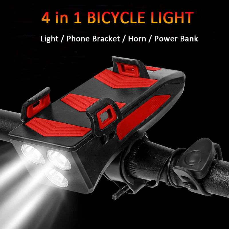 Bicycle Light USB Chargeable LED Bike Light Head Lamp Bicycle Horn Phone Bracket Powerbank 4 in 1 MTB Cycling Front Light
Bicycle Light USB Chargeable LED Bike Light Head Lamp Bicycle Horn Phone Bracket Powerbank 4 in 1 MTB Cycling Front Light