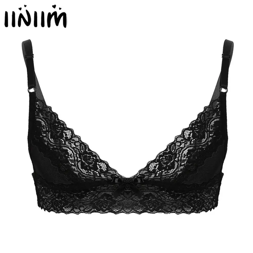 

iiniim Mens Gay Erotic Lingerie lovers Bras Tops for Sissy Parties Spaghetti Straps Floral Lace Trim Wire-free Unlined Bra Tops