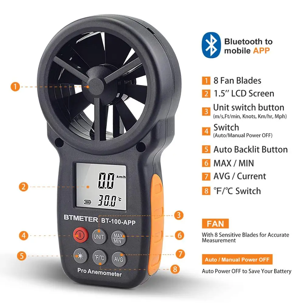 BTMETER Digital Wind Speed Meter Anemometer Tester With Mobile APP Anemometer Meter for Wind Chill,Speed,Temperature,humidity
BTMETER Digital Wind Speed Meter Anemometer Tester With Mobile APP Anemometer Meter for Wind Chill,Speed,Temperature,humidity
