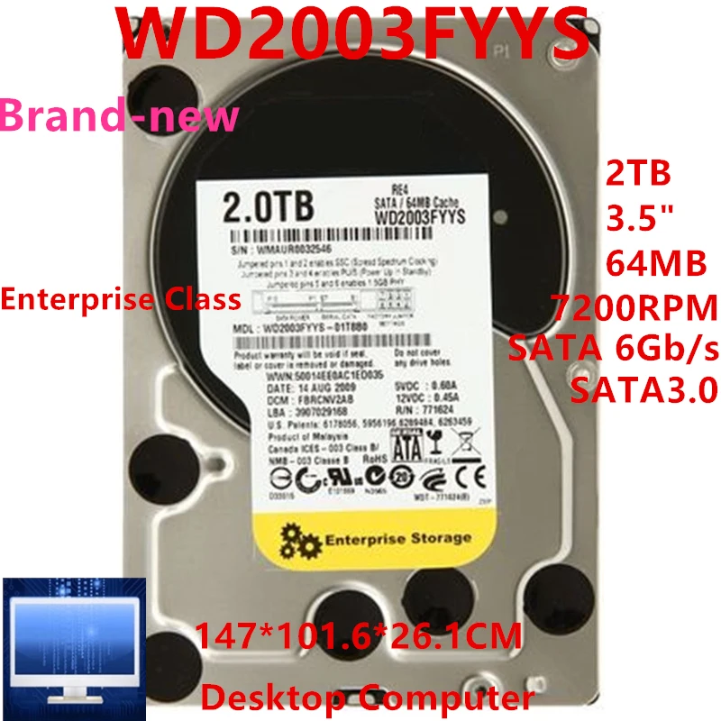 

New Original HDD For WD Black 2TB 3.5" SATA 6 Gb/s 64MB 7200RPM For Internal Hard Disk For Enterprise Storage For WD2003FYYS