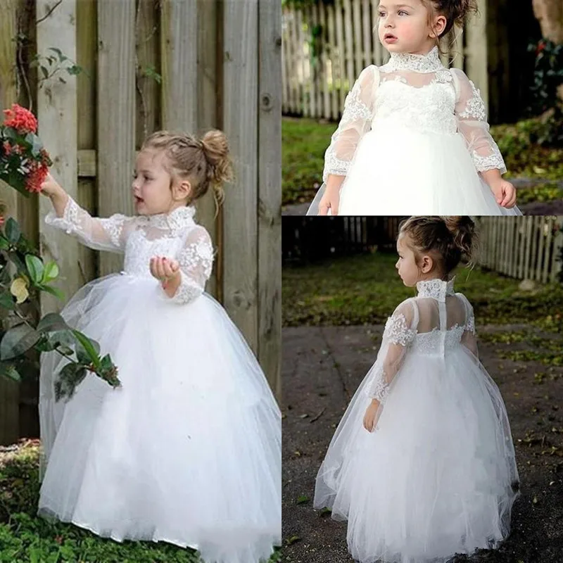 Пышное платье принцессы с цветочным узором для девочек белое кружевное длинными