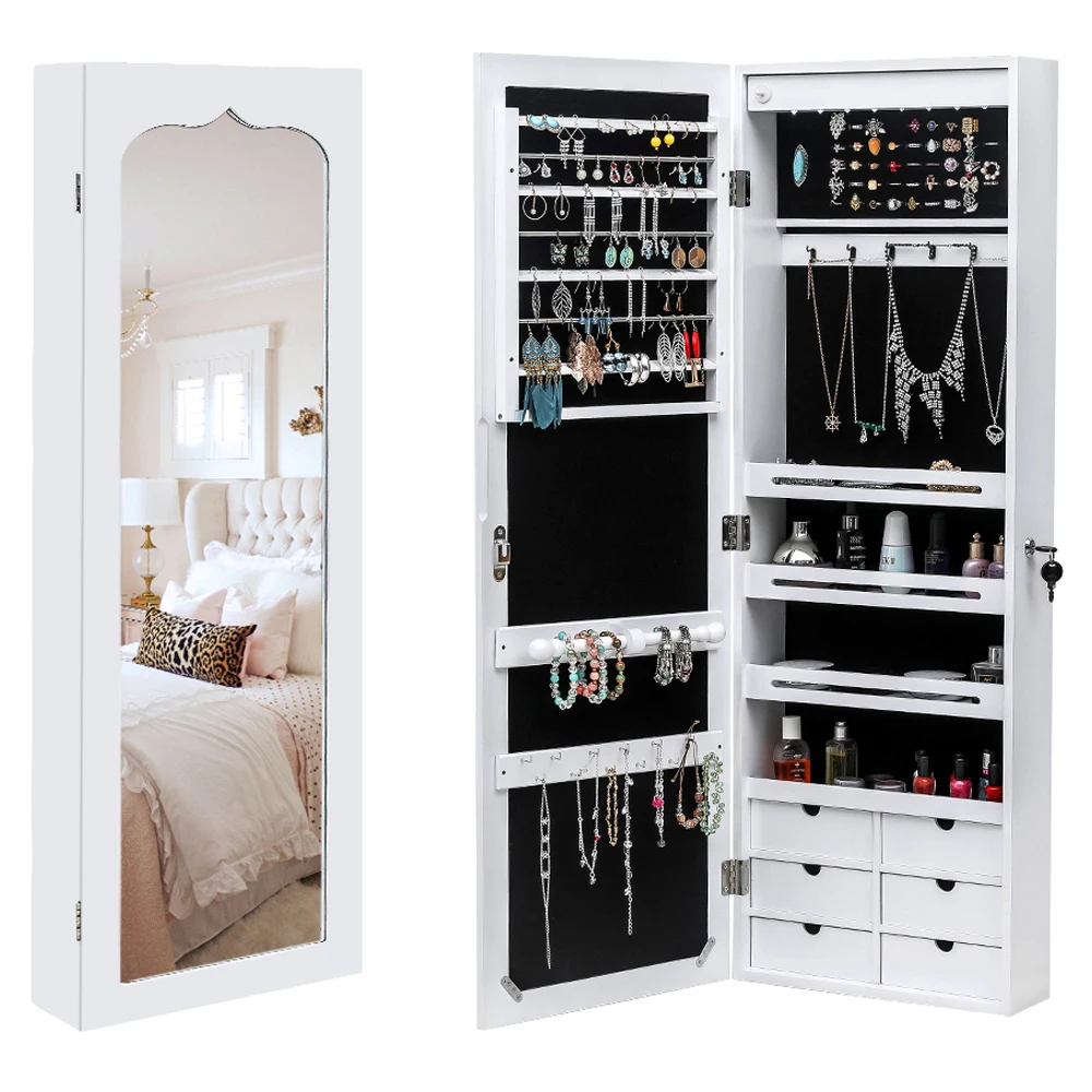 Non Full Mirror Wooden Wall Mounted 4-Layer Shelf 6 Drawers 8 Blue LED Light Jewelry Storage Mirror Cabinet - White
Non Full Mirror Wooden Wall Mounted 4-Layer Shelf 6 Drawers 8 Blue LED Light Jewelry Storage Mirror Cabinet - White
