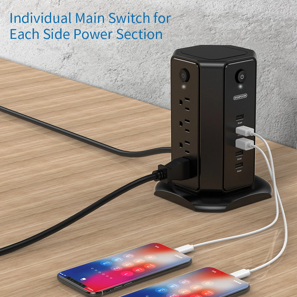 NTONPOWER US Power Strip Tower with 3M Extension Cord Surge Protector with Flat Plug 13A Circuit Breaker for Home and Office NTONPOWER US Power Strip Tower with 3M Extension Cord Surge Protector with Flat Plug 13A Circuit Breaker for Home and Office