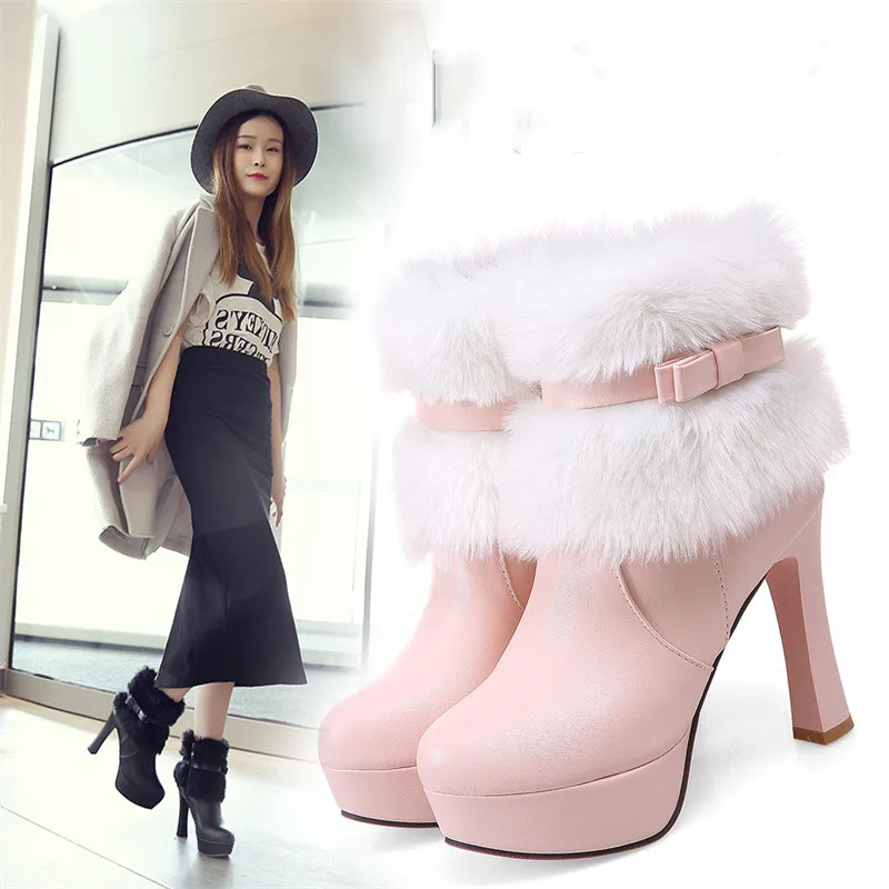 

YQBTDL Big Size 33-43 Ladies 10cm High Heel Faux Fur Ankle Boots Womens Daily Sweet Platform Shoes Woman Winter 2021 Botas Mujer