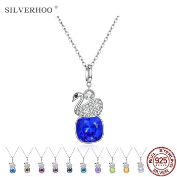 

SILVERHOO 925 Sterling Silver Swan Pendant Austria Multi-Colored Crystal Necklace Women Collarbone Chains Fine Jewelry Gift