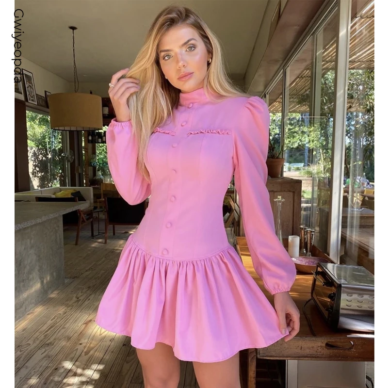 Women's Dress Ruffle High Round-Neck Retro Long Sleeve Fall Patchwork Clothes Button Mini Dresses Office Lady Puff Sleeve Solid
Women's Dress Ruffle High Round-Neck Retro Long Sleeve Fall Patchwork Clothes Button Mini Dresses Office Lady Puff Sleeve Solid
