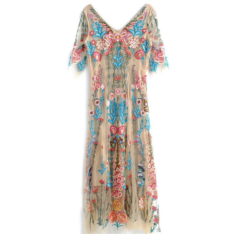 High Quality Floral Embroidery Mesh Long Maxi Dress woman V-neck Half sleeve High Waist Long Dress Summe Vintage Party Dress
High Quality Floral Embroidery Mesh Long Maxi Dress woman V-neck Half sleeve High Waist Long Dress Summe Vintage Party Dress