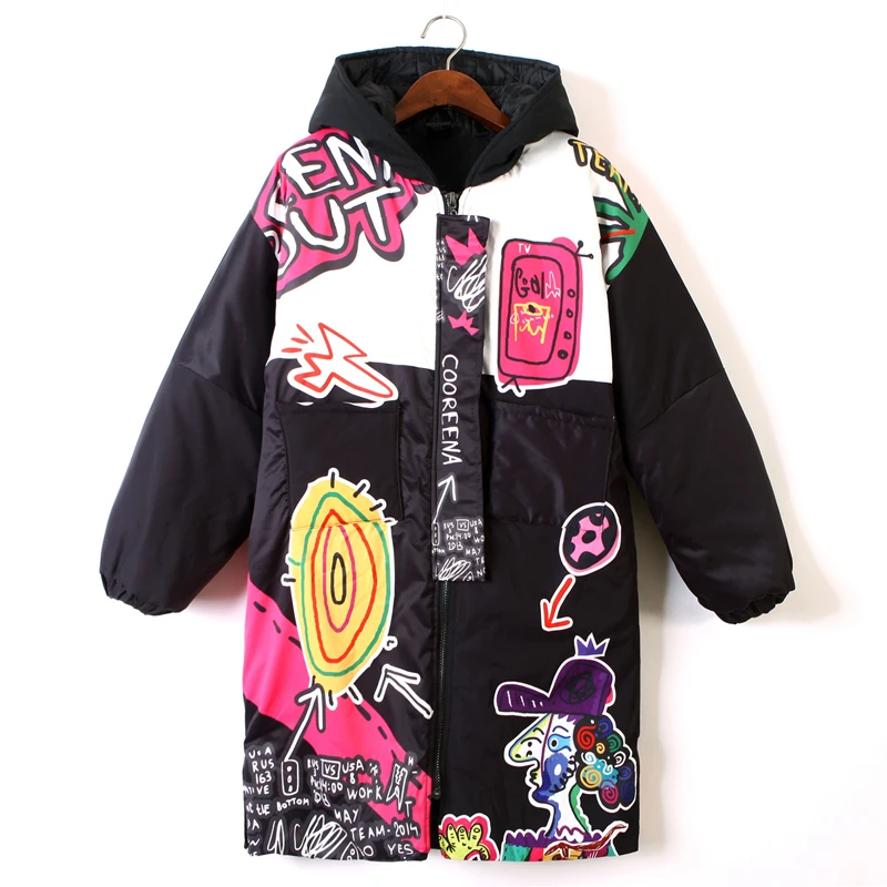Парки женские зимние Harajuku граффити Печать хип хоп дизайн толстый теплый кардиган