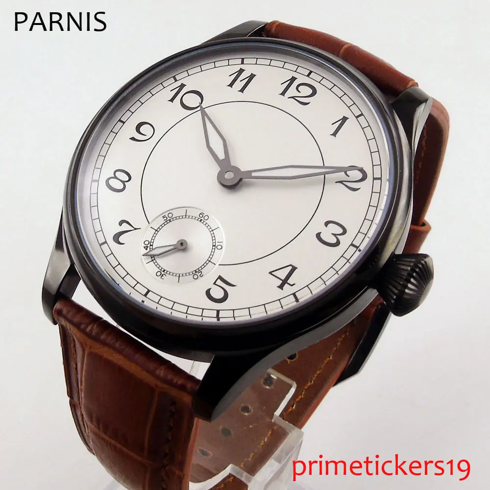 

PVD coated case 44mm PARNIS white dial leather strap hand winding 6498 movement mens watch