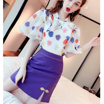Spring Summer Women Colorful Polka Print Short Lantern Sleeve Blouses Big Bows Tops Clothing Set And Cut Skirt Suits Set NS995
Spring Summer Women Colorful Polka Print Short Lantern Sleeve Blouses Big Bows Tops Clothing Set And Cut Skirt Suits Set NS995