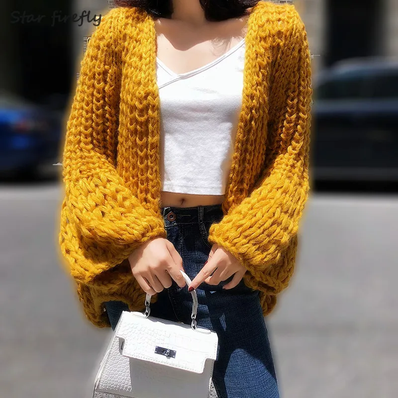 

Star firefly ladies cardigan sweater 2019 autumn handmade stick needle solid color simple batwing sleeve mohair cardigan coat