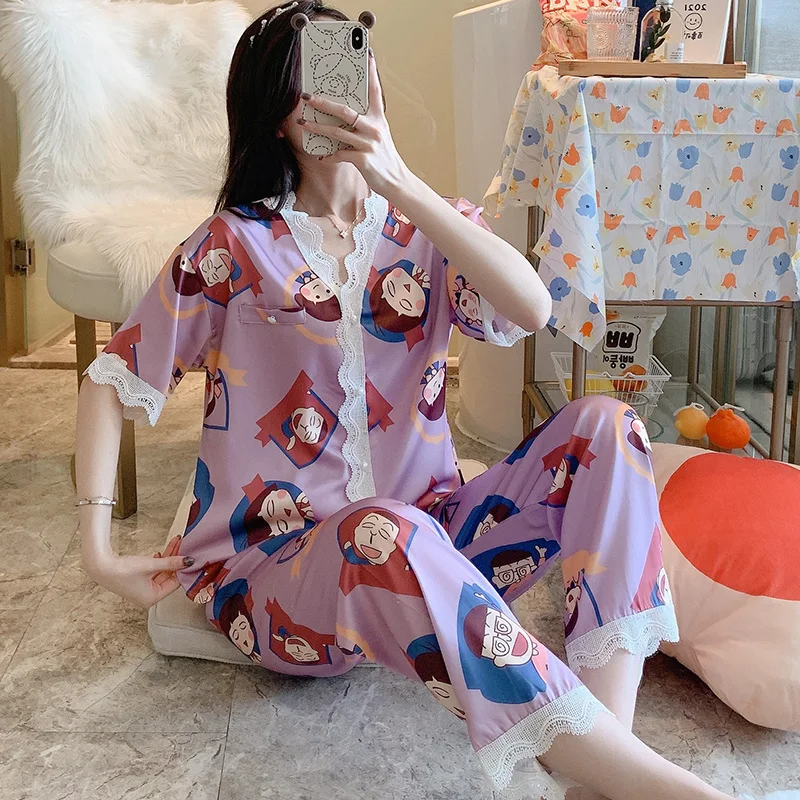 Пижама женская летняя из искусственного шелка с коротким рукавом | Женская