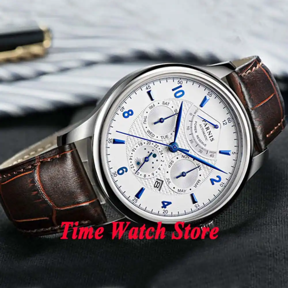 42mm Parnis 5atm Miyota 9100 26 Jewels Multifunction Automatic Men S Watch Power Reserve Display White Dial Sapphire Glass Watch Men Watch Men Watchwatch Watch Aliexpress